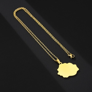 Detailed view of polished gold map pendant with delicate link chain on black fabric