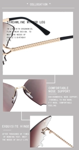 Detail view of gold chain textured temples and gradient lenses on butterfly sunglasses