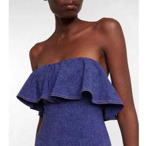 Dark blue denim strapless top with ruffle details and yellow contrast stitching