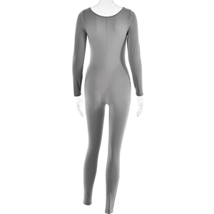 Rear view of sleek grey long sleeve bodysuit with stretchy fabric on mannequin