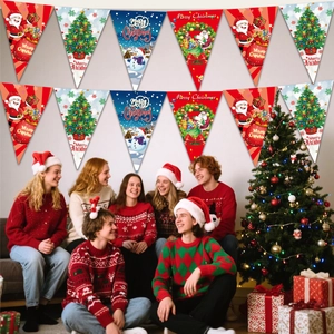 Close-up of Merry Christmas triangular pennant banners with Santa and snowman patterns