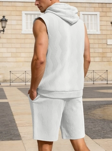 Detailed back view of men's white jacquard knit hooded tank top and matching shorts set