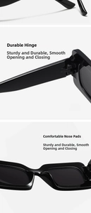 Close-up of sturdy metal hinges and comfortable nose pads on black square sunglasses