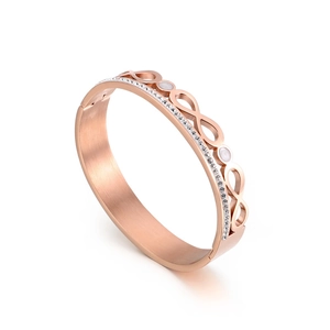 Rose gold infinity bangle for women with double row diamonds and white mother of pearl inlay