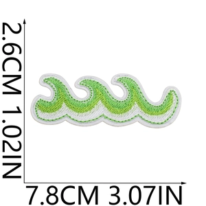Detail of green wave embroidery patch with dimensions 7.8cm x 2.6cm on white background