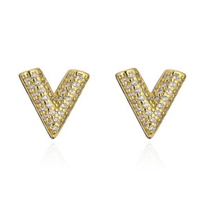Macro view of gold plated V-shaped stud earrings with sparkling zircon pavé setting