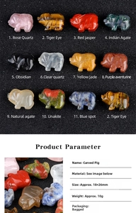 Macro display of 12 natural crystal pig carvings including quartz and jasper stones