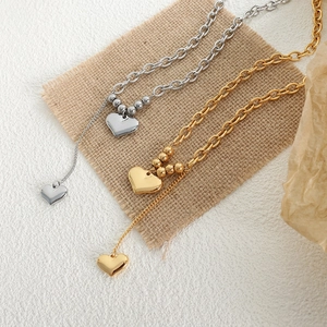 Exaggerated titanium steel 18K gold plated double heart pendant necklace with beaded chain
