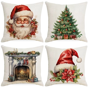 Christmas Throw Pillow Cover Linen Watercolor Santa Snowman Print Square Decorative Cushion Case For Sofa Home Decor
