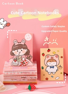 Detail of cute cartoon notebooks with upgraded paper and secure stapled binding