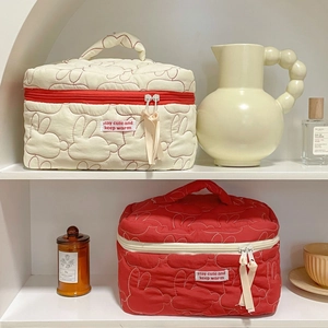 Quilted cotton rabbit pattern cosmetic bags with top handle and double zippers