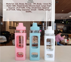 Detailed material specs of square sports water bottles in pink, blue, and white colors