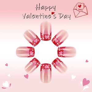Short glossy square nails with red glitter, heart design and dots for Valentine's Day