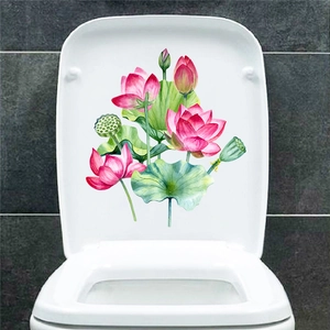 Adesivo per sedile WC impermeabile con loto rosa e foglie verdi acquerello