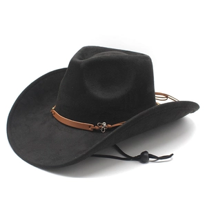 Black faux suede western cowboy hat with a brown leather band and adjustable chin strap