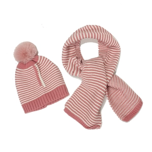 Pink and white striped knit beanie with faux fur pom and matching scarf set for children
