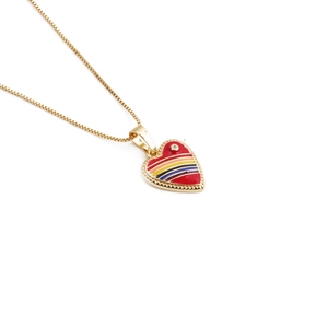 Golden heart necklace with rainbow enamel pendant and crystal on white background