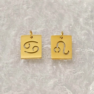 Detailed macro of gold plated stainless steel Cancer and Leo zodiac square pendants