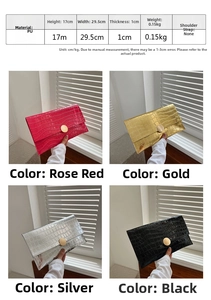 Size chart showing crocodile texture PU envelope clutches in pink, gold, silver, and black