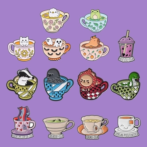 Set of creative animal enamel tea cup pins featuring cats, frogs and capybaras