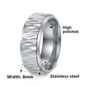 8mm silver stainless steel ring with polished geometric faceted texture for men
