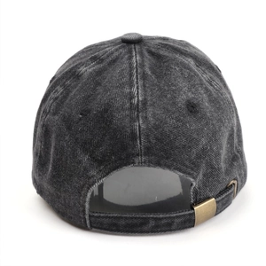 Washed grey denim baseball cap with vintage distressed texture and adjustable metal buckle