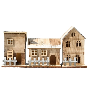 Three-piece wooden Christmas village set with miniature fences and snowy roofs decoration