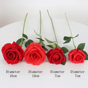 Artificial velvet red roses in 10cm and 7cm sizes with green stems on white background