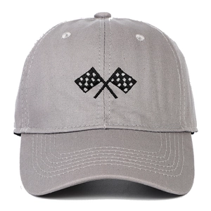 Close-up of racing flag embroidery on a grey cotton baseball cap with curved brim