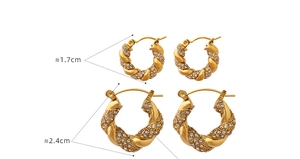 Size comparison of gold twisted U-shaped hoop earrings with zircon accents 1.7cm and 2.4cm