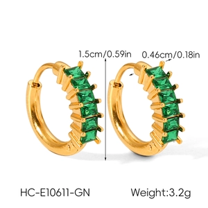 Detailed size and weight specs for gold-toned earrings with emerald green zircons
