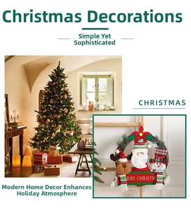 Detail of Christmas wreath with plush Santa, Snowman, Reindeer and Merry Christmas sign