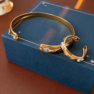 Gold stainless steel teardrop zircon open ring and bracelet jewelry set for women