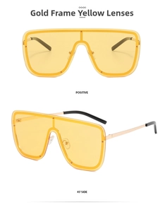Front and 45-degree side views of gold frame oversized sunglasses with yellow lenses