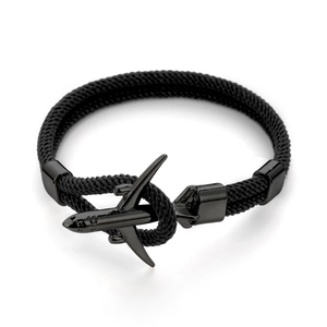 Bracciale da uomo in corda milanese nera con chiusura ad ancora ad aereo in metallo nero