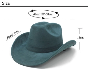 Detailed size specifications for teal suede western cowboy hat with wide brim measurement