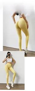 Detail of high-waist lemon yellow yoga pants showing peach lift fit and textured knit fabric