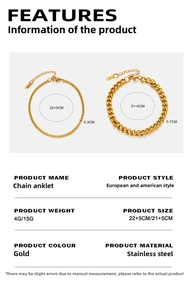 Detail specifications of gold stainless steel Cuban link anklets in 3mm and 7mm widths