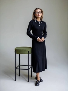 Damen Strickkleid Midi Polo Kragen Kontrastbesatz Langarm Gerippt Baumwolle Polyester Eleganter Hepburn Stil Casual