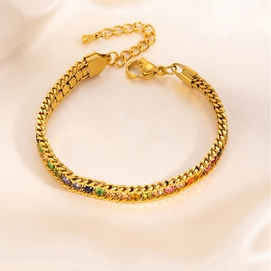 Titanium steel rainbow tennis bracelet with colorful zircons on champagne silk