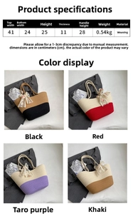 Detailed view of woven tote bag dimensions and four color variants with floral ribbons