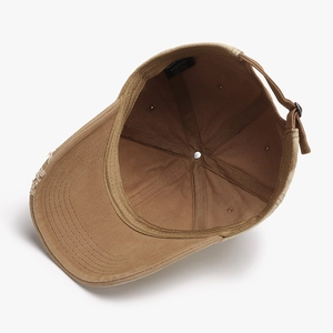 Unisex distressed brown cotton baseball cap with vintage frayed brim and adjustable buckle