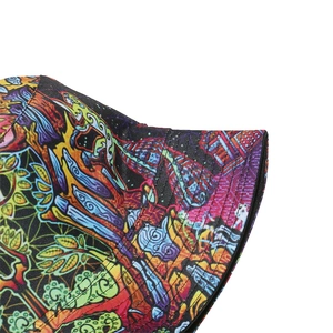 Close-up of vibrant graffiti print and twill fabric texture on a hip-hop bucket hat