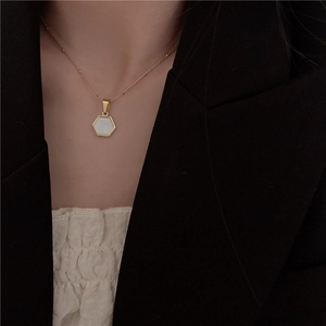 Elegant 18k gold plated titanium necklace with hexagonal freshwater shell pendant