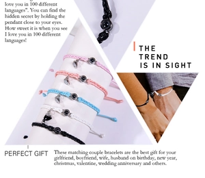 Detail of magnetic heart bracelets with 100 languages I Love You projection stone