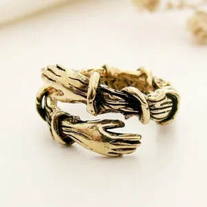 Hugging Hands Open Ring Adjustable Alloy S925 Stamped Romantic Lovers Hand Wrap Jewelry For Men Women