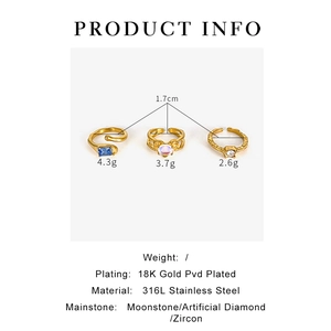 Detail specifications of 18K gold plated stainless steel rings with moonstone and zircon