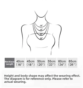 Size guide for necklaces showing lengths from 16 to 26 inches on a neck model illustration