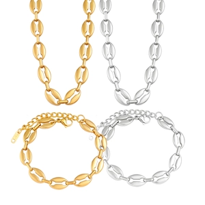 Golden and silver coffee bean link chain jewelry set with necklace and bracelet