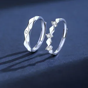 Adjustable S925 silver couple rings with geometric diamond accents and wavy design